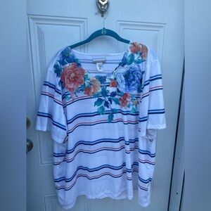 Alfred Dunner Blue and White Short Sleeve T-Shirt with Floral Design